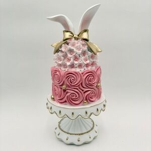 Easter Bunny Cake Tiered Floral Decor Gold Bow White Pedestal Figurine